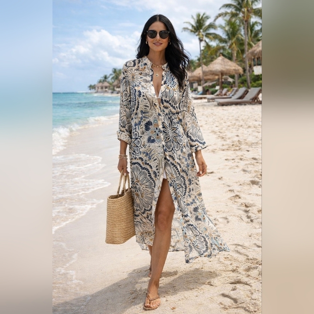 H&M Sheer Floral Kaftan Button Down Tunic Coverup Boho Resort Beach Shirt Dress